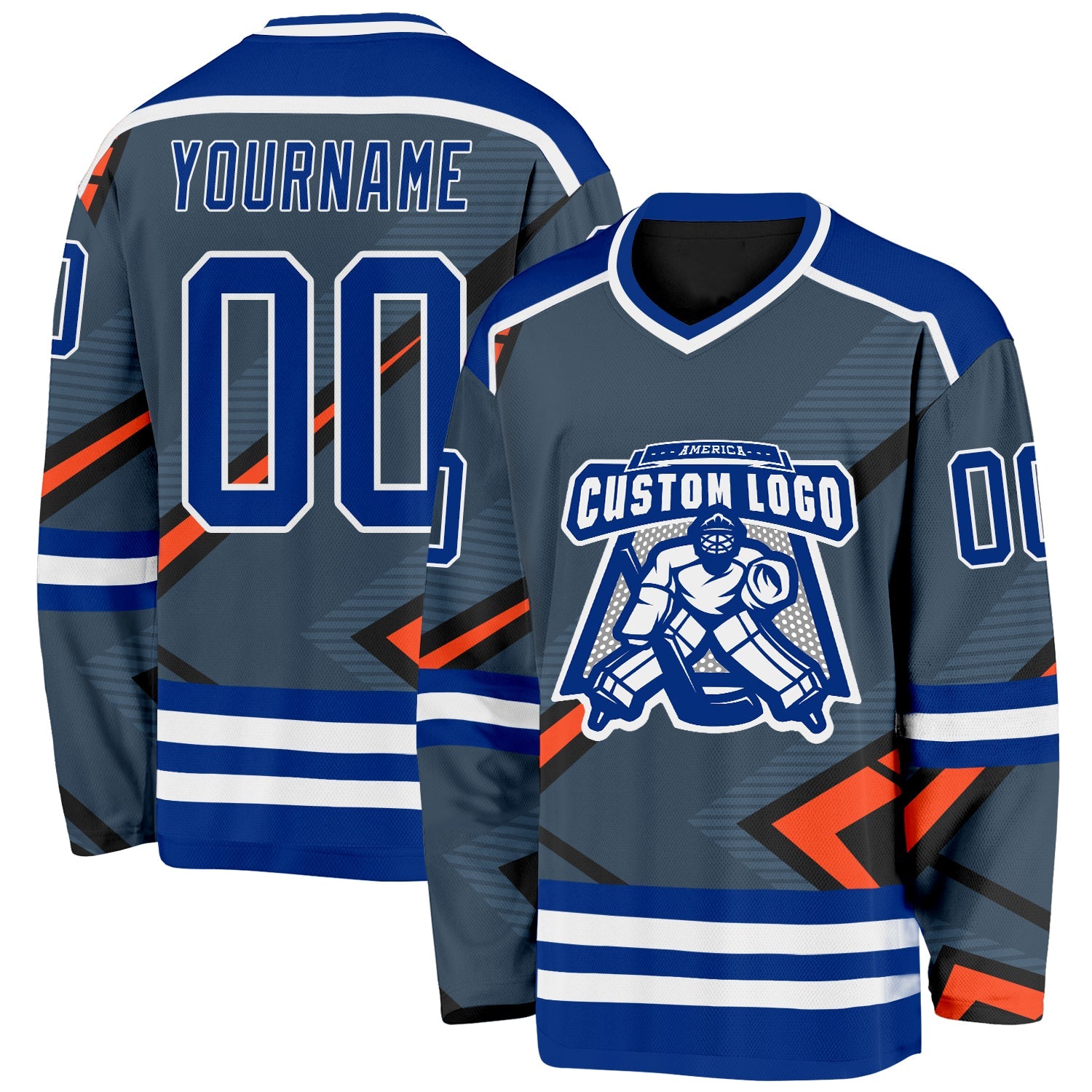 Custom Gray Royal Orange Black-White Cyber Mecha E-sport Hockey Jersey view 2