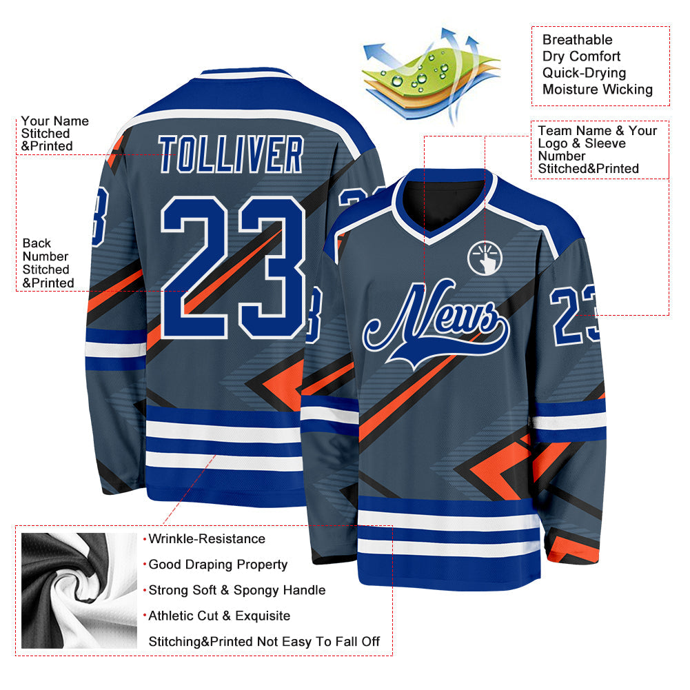 Custom Gray Royal Orange Black-White Cyber Mecha E-sport Hockey Jersey view 5