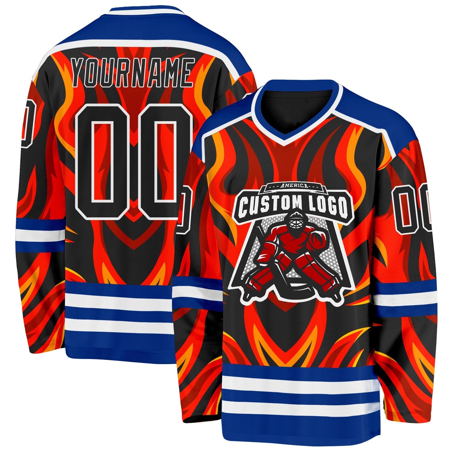 Custom Royal Black Red Orange-White Cyber Mecha E-sport Hockey Jersey view 2
