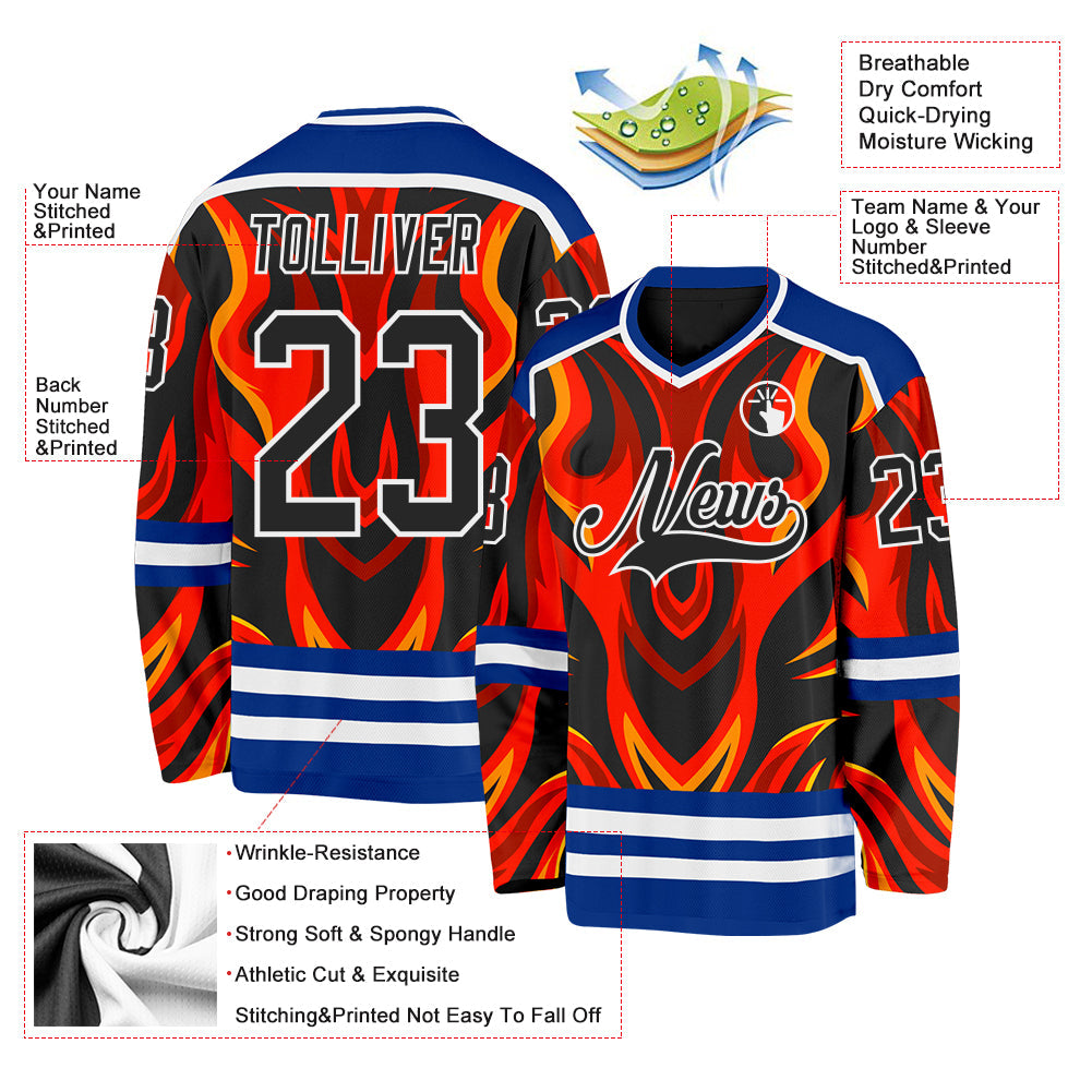 Custom Royal Black Red Orange-White Cyber Mecha E-sport Hockey Jersey view 5