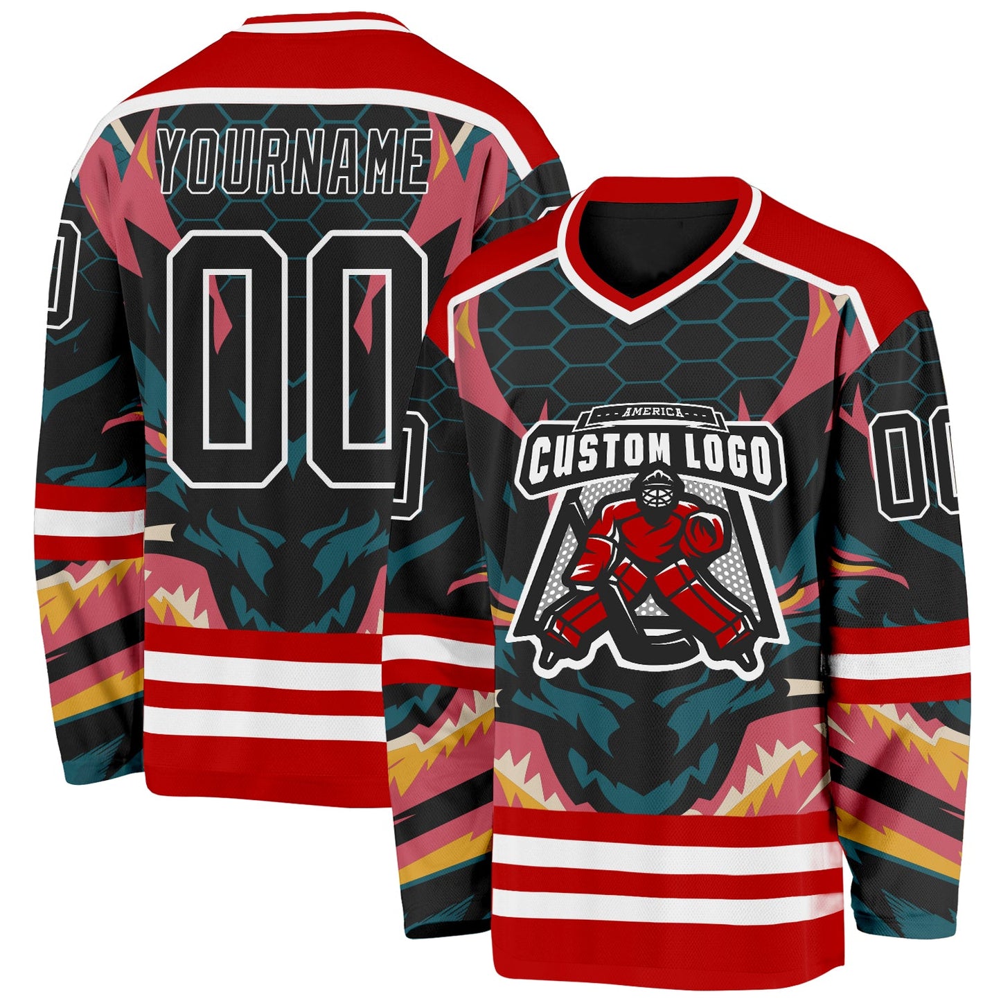 Custom Red Black Blue Pink Yellow-White Cyber Mecha E-sport Hockey Jersey view 2