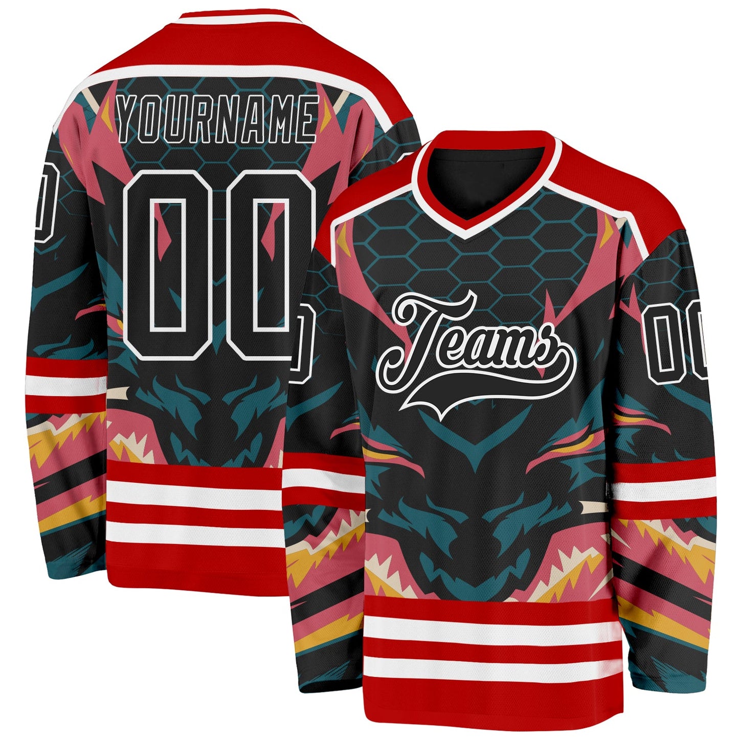Custom Red Black Blue Pink Yellow-White Cyber Mecha E-sport Hockey Jersey - Main View