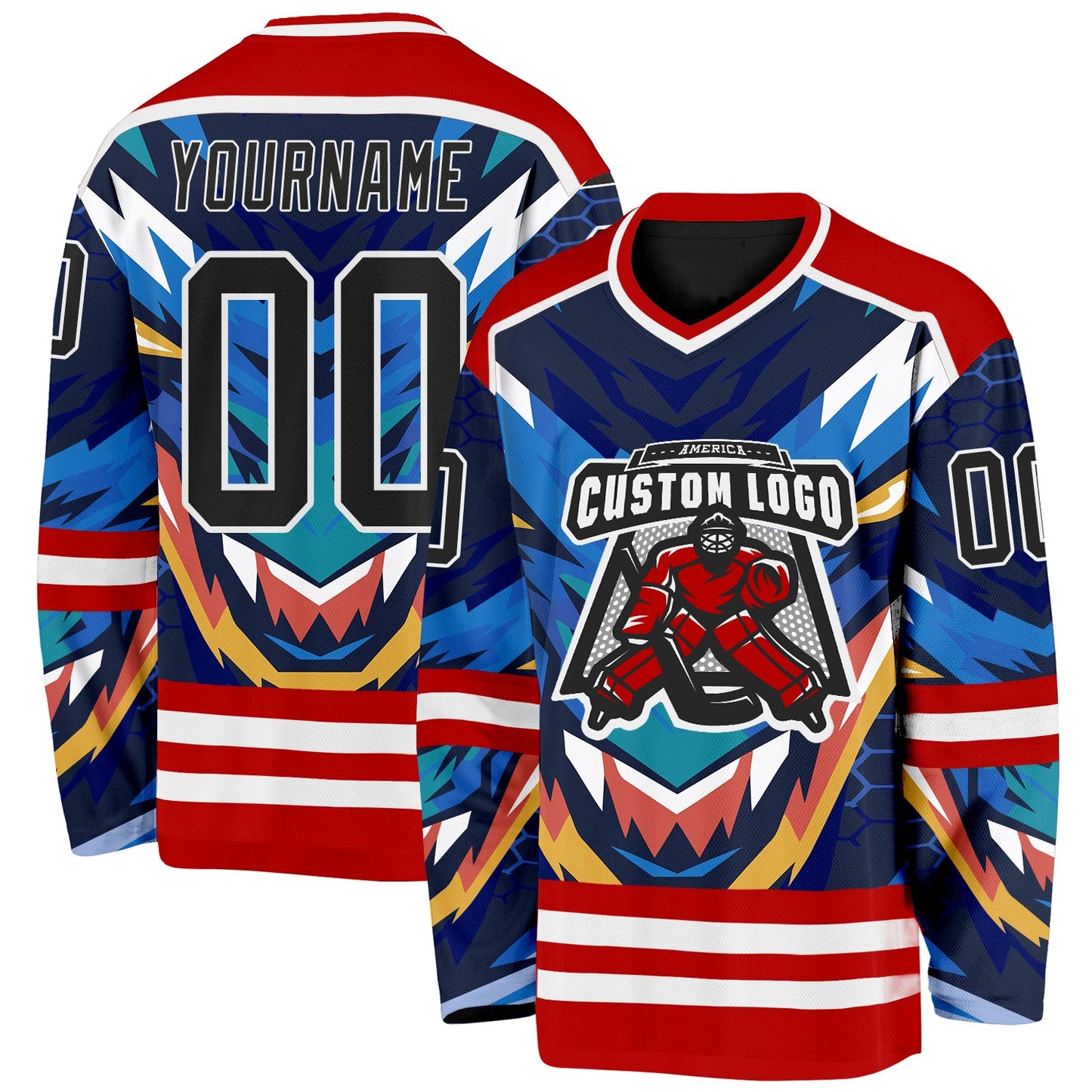 Custom Red Black Blue Yellow-White Cyber Mecha E-sport Hockey Jersey view 2