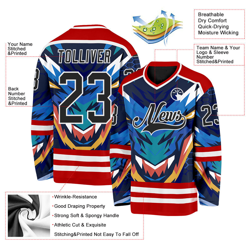 Custom Red Black Blue Yellow-White Cyber Mecha E-sport Hockey Jersey view 5
