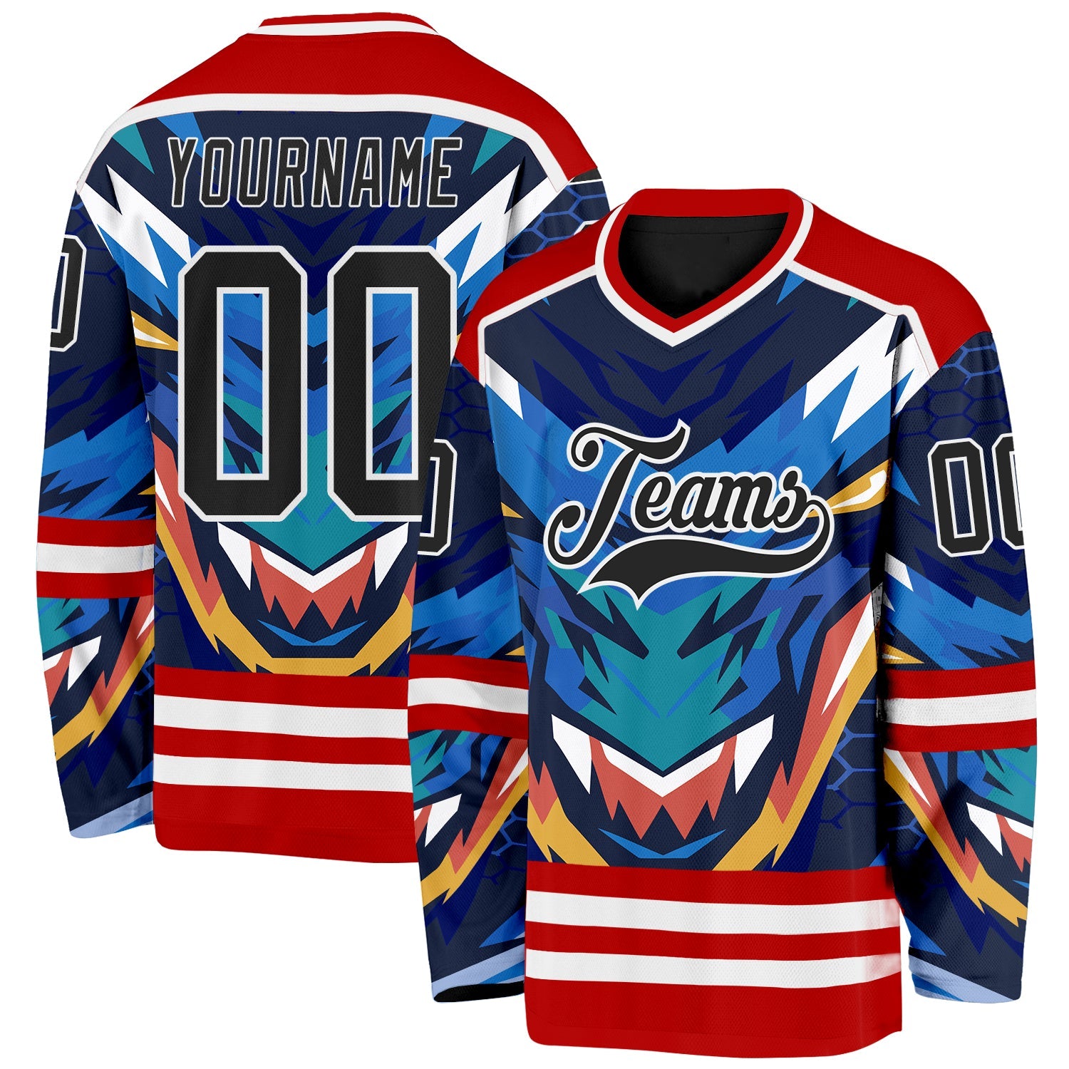 Custom Red Black Blue Yellow-White Cyber Mecha E-sport Hockey Jersey - Main View