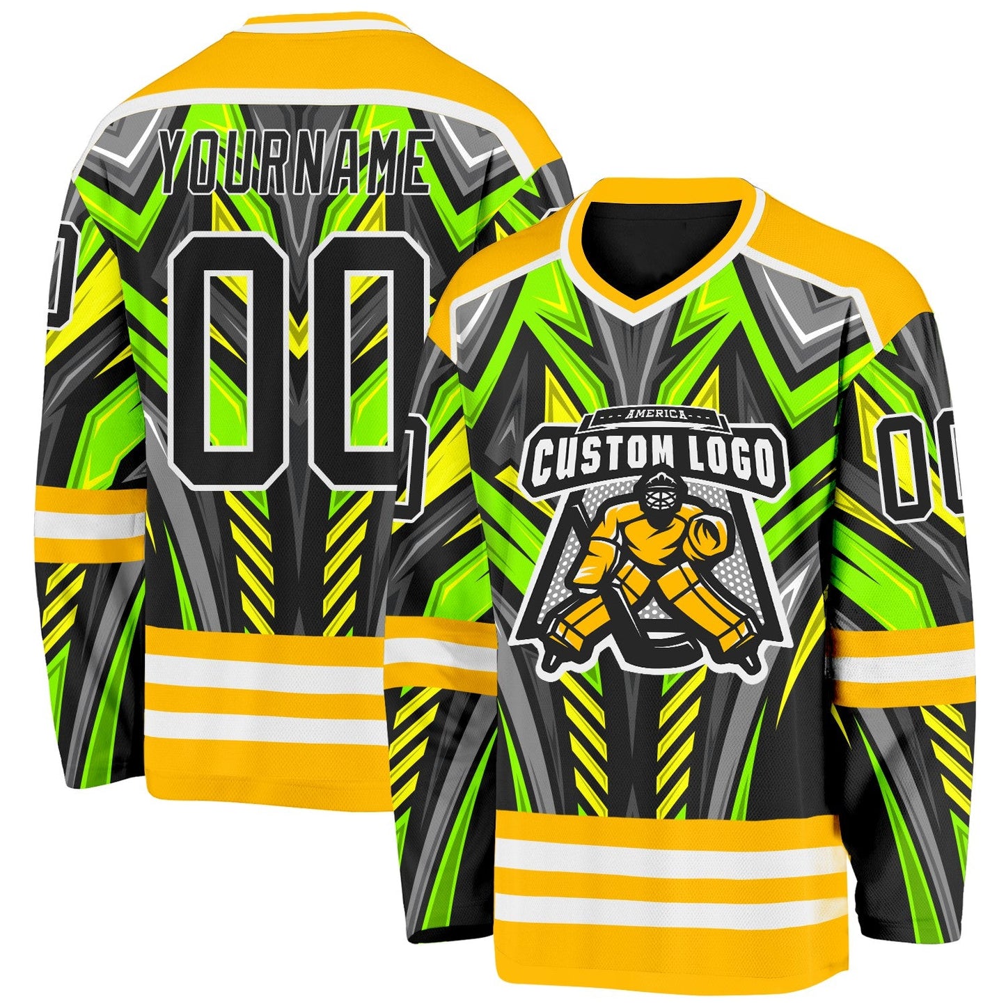 Custom Gold Black Green Gray-White Cyber Mecha E-sport Hockey Jersey view 2