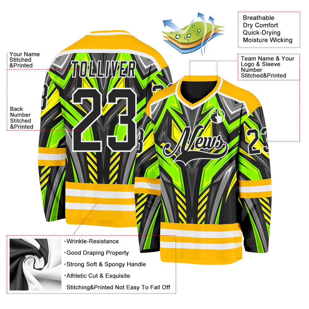 Custom Gold Black Green Gray-White Cyber Mecha E-sport Hockey Jersey view 5
