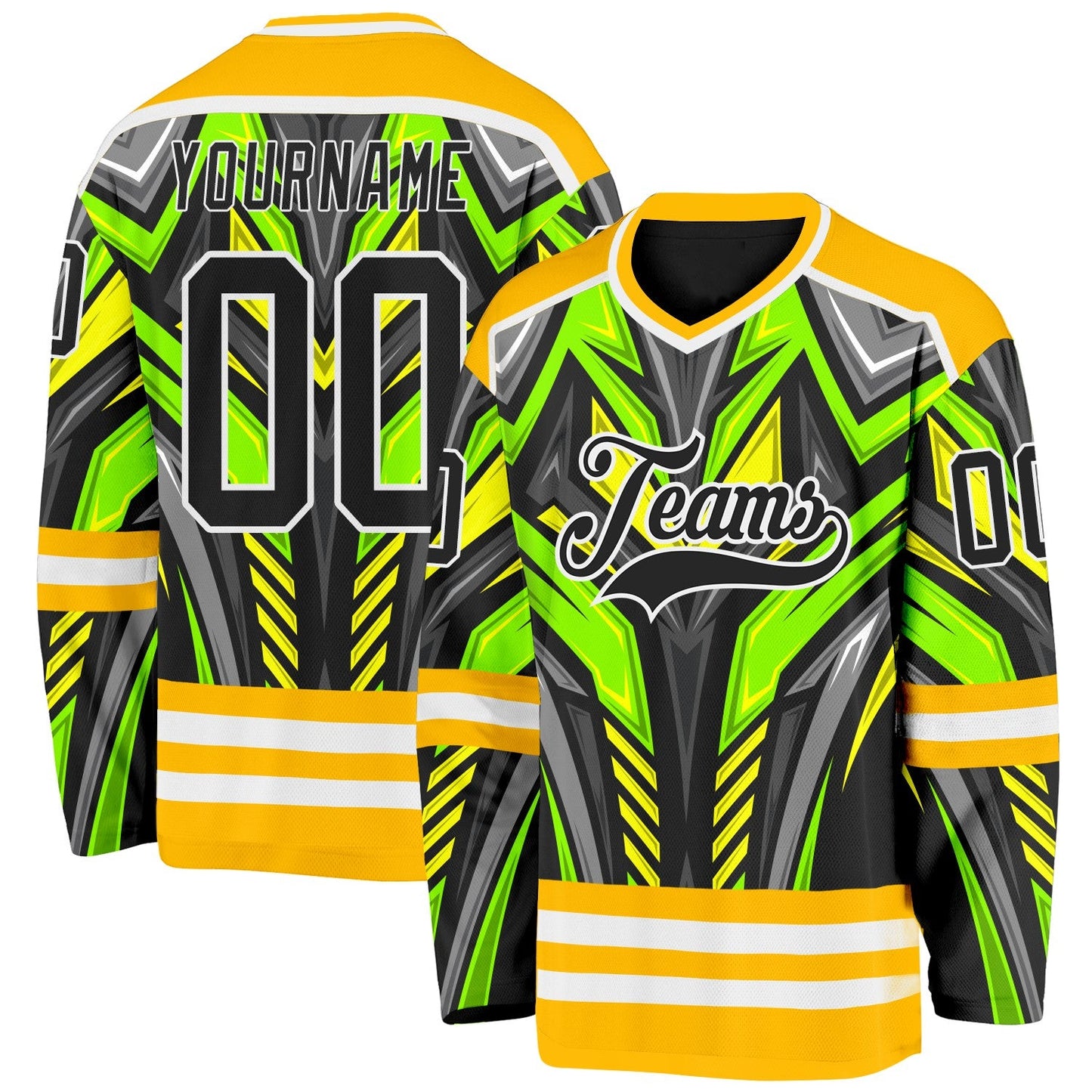 Custom Gold Black Green Gray-White Cyber Mecha E-sport Hockey Jersey - Main View