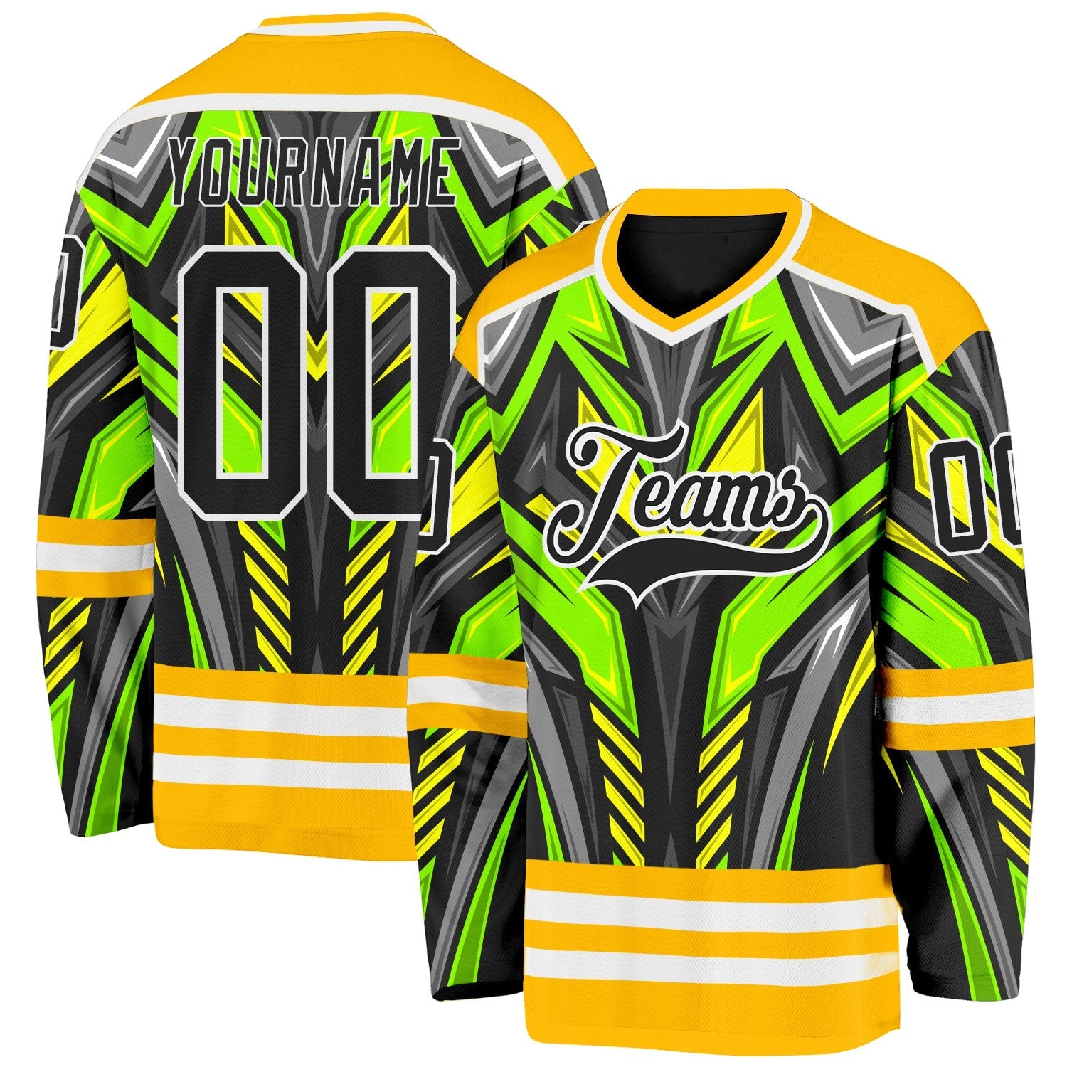 Custom Gold Black Green Gray-White Cyber Mecha E-sport Hockey Jersey - Main View