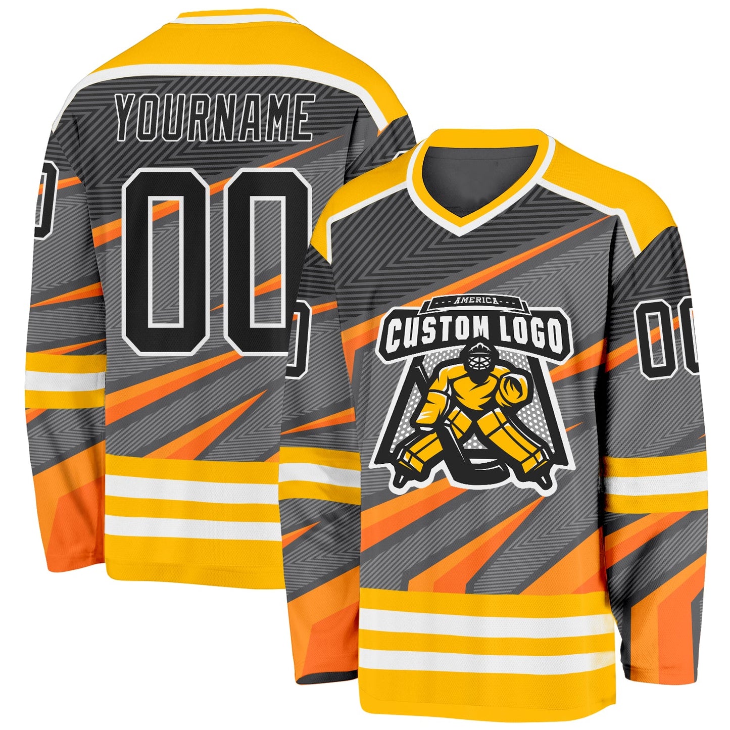 Custom Gray Black Gold Orange-White Cyber Mecha E-sport Hockey Jersey view 2