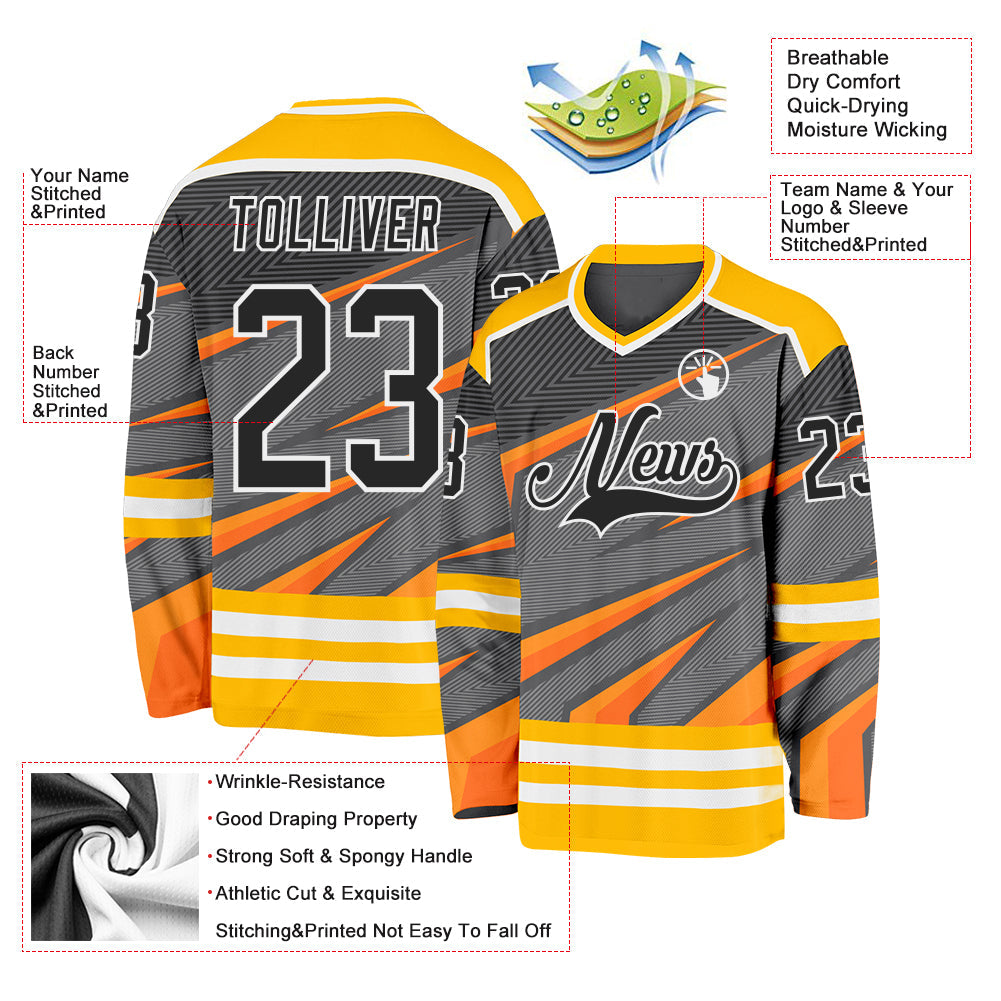 Custom Gray Black Gold Orange-White Cyber Mecha E-sport Hockey Jersey view 5