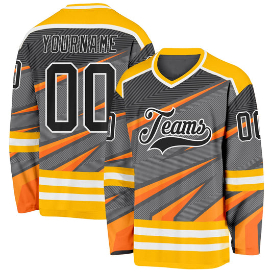 Custom Gray Black Gold Orange-White Cyber Mecha E-sport Hockey Jersey - Main View