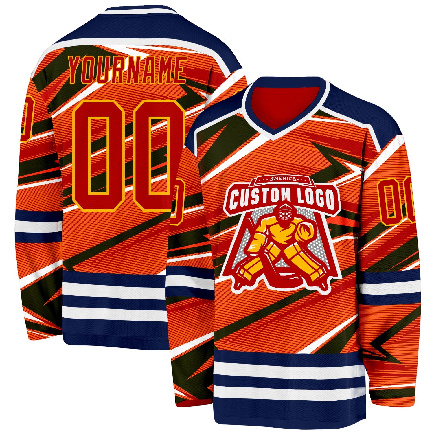 Custom Red Navy Yellow-White Cyber Mecha E-sport Hockey Jersey view 2
