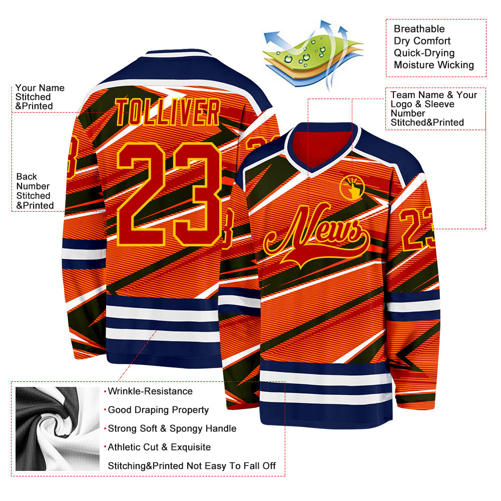 Custom Red Navy Yellow-White Cyber Mecha E-sport Hockey Jersey view 5