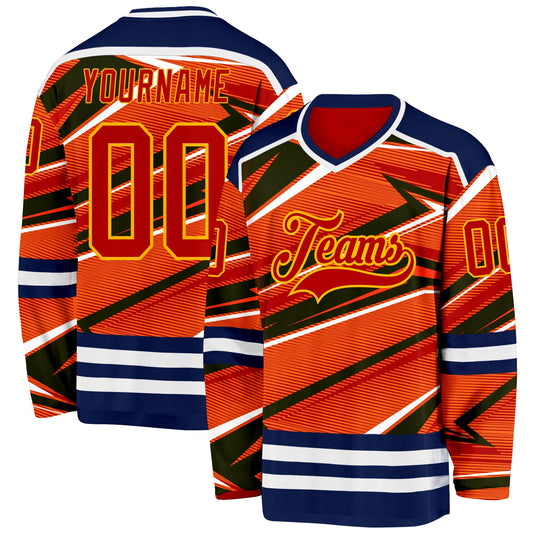 Custom Red Navy Yellow-White Cyber Mecha E-sport Hockey Jersey - Main View