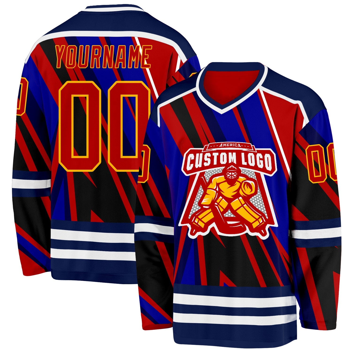 Custom Blue Red Navy Yellow-White Cyber Mecha E-sport Hockey Jersey view 2