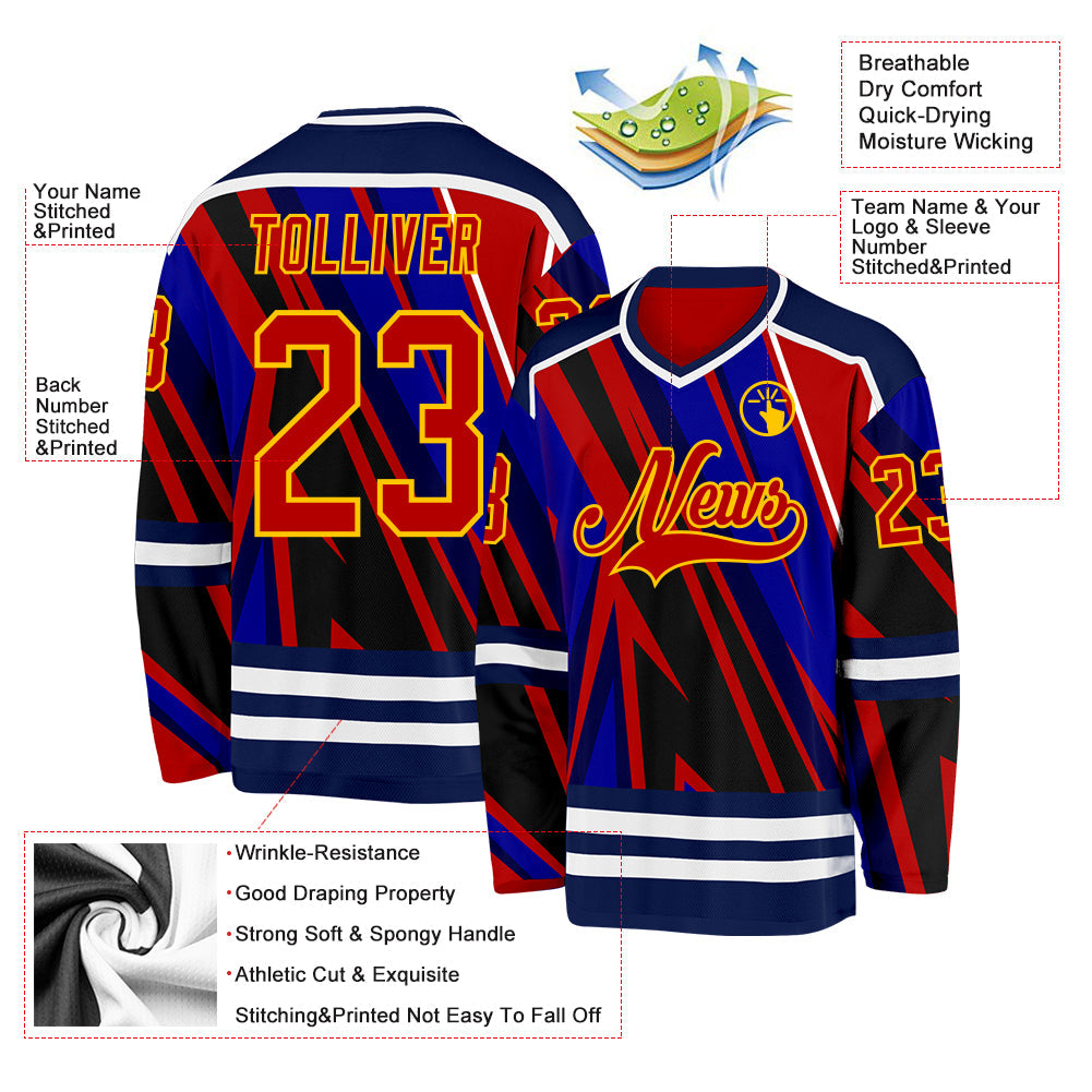 Custom Blue Red Navy Yellow-White Cyber Mecha E-sport Hockey Jersey view 5