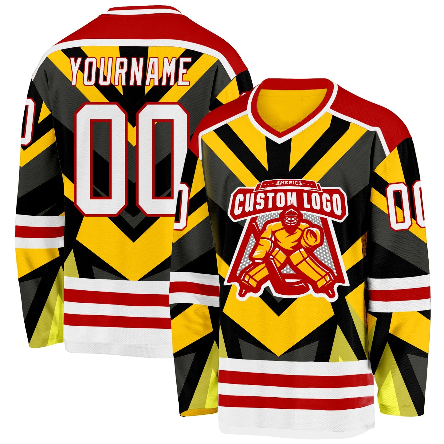 Custom Gold White Black-Red Cyber Mecha E-sport Hockey Jersey view 2