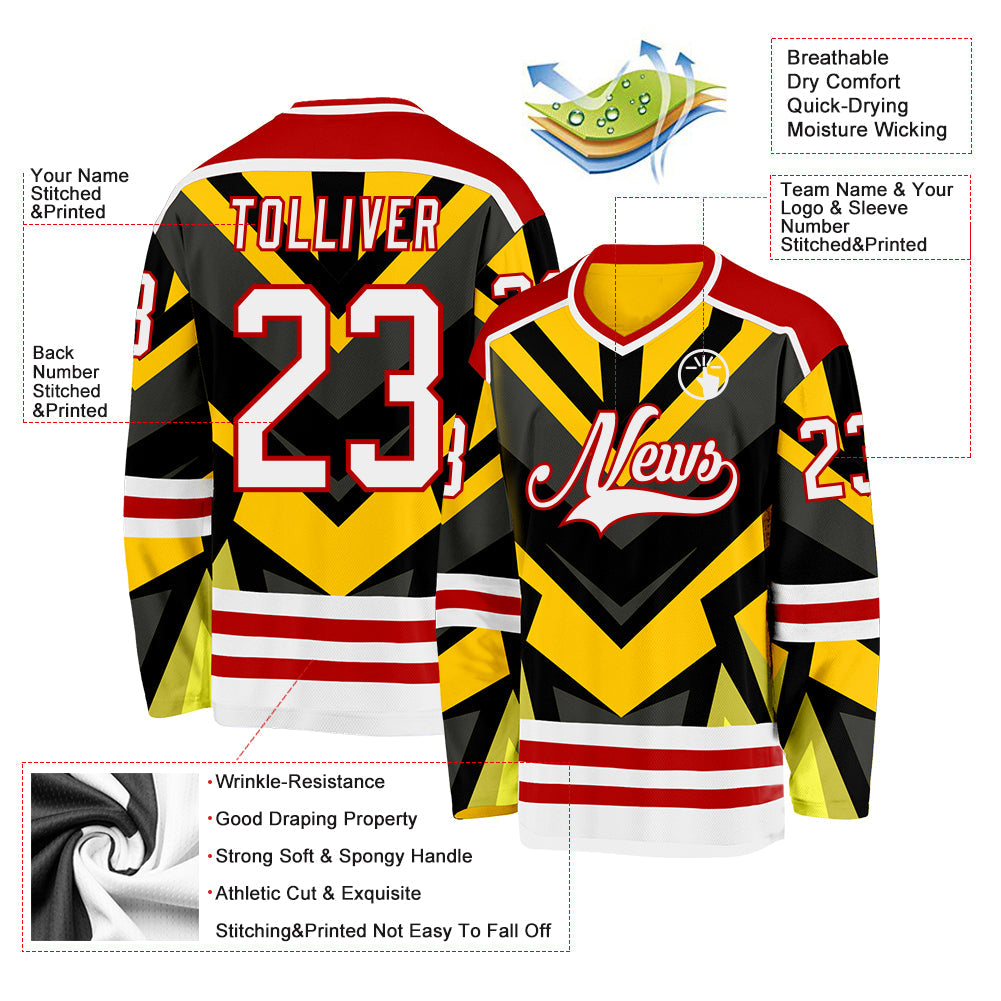 Custom Gold White Black-Red Cyber Mecha E-sport Hockey Jersey view 5