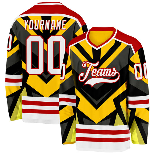 Custom Gold White Black-Red Cyber Mecha E-sport Hockey Jersey - Main View