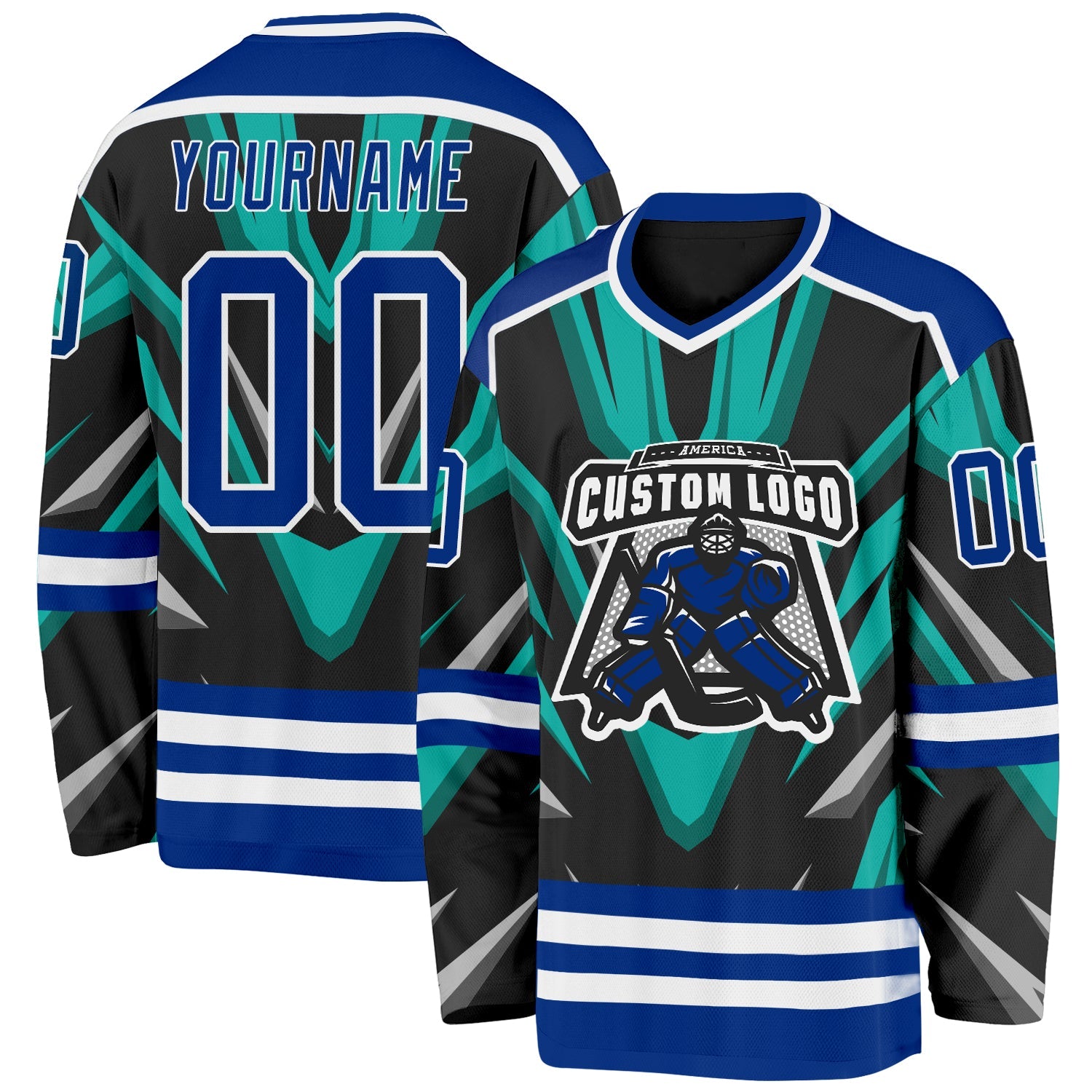 Custom Black Royal Green Gray-White Cyber Mecha E-sport Hockey Jersey view 2