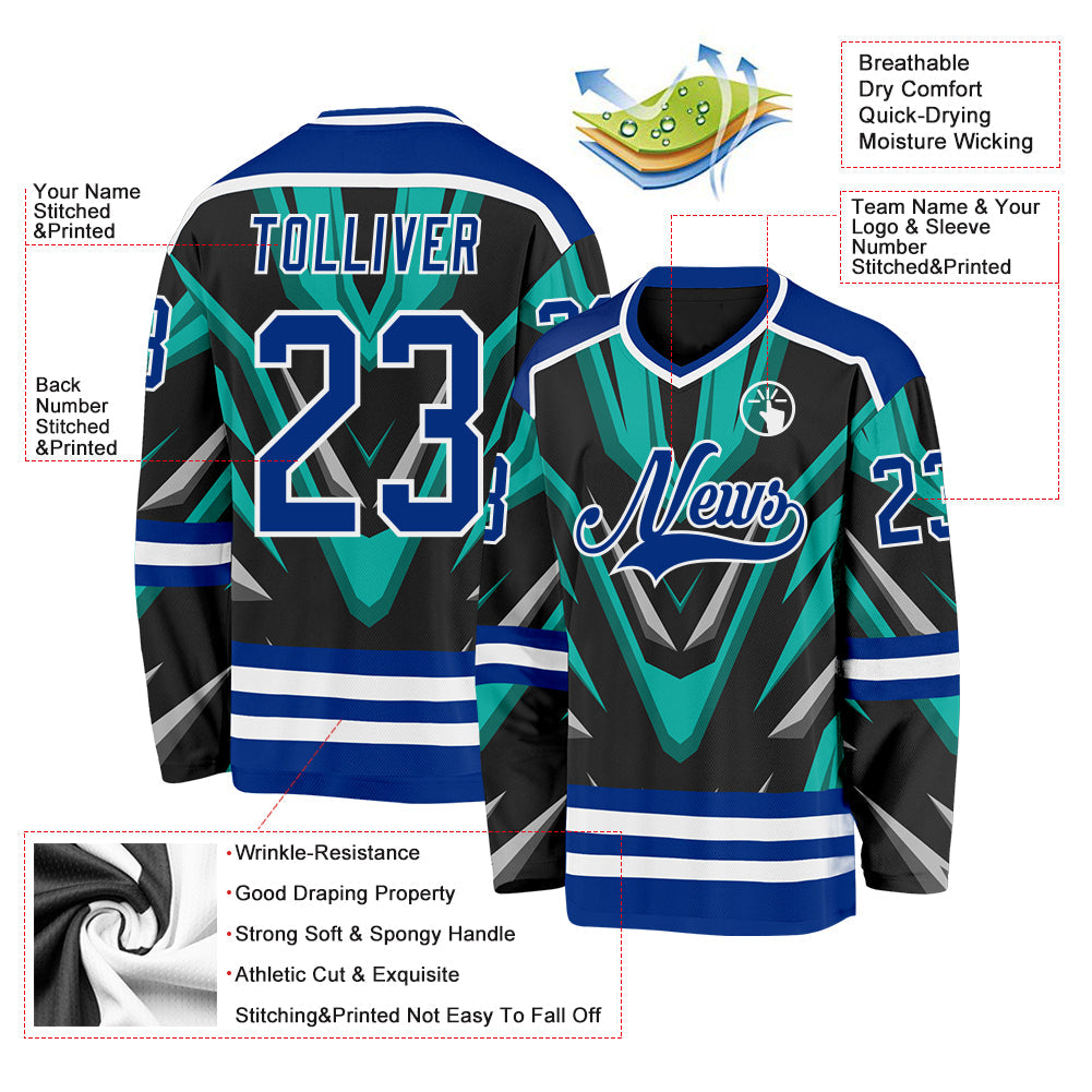 Custom Black Royal Green Gray-White Cyber Mecha E-sport Hockey Jersey view 5