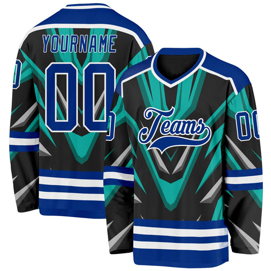 Custom Black Royal Green Gray-White Cyber Mecha E-sport Hockey Jersey - Main View