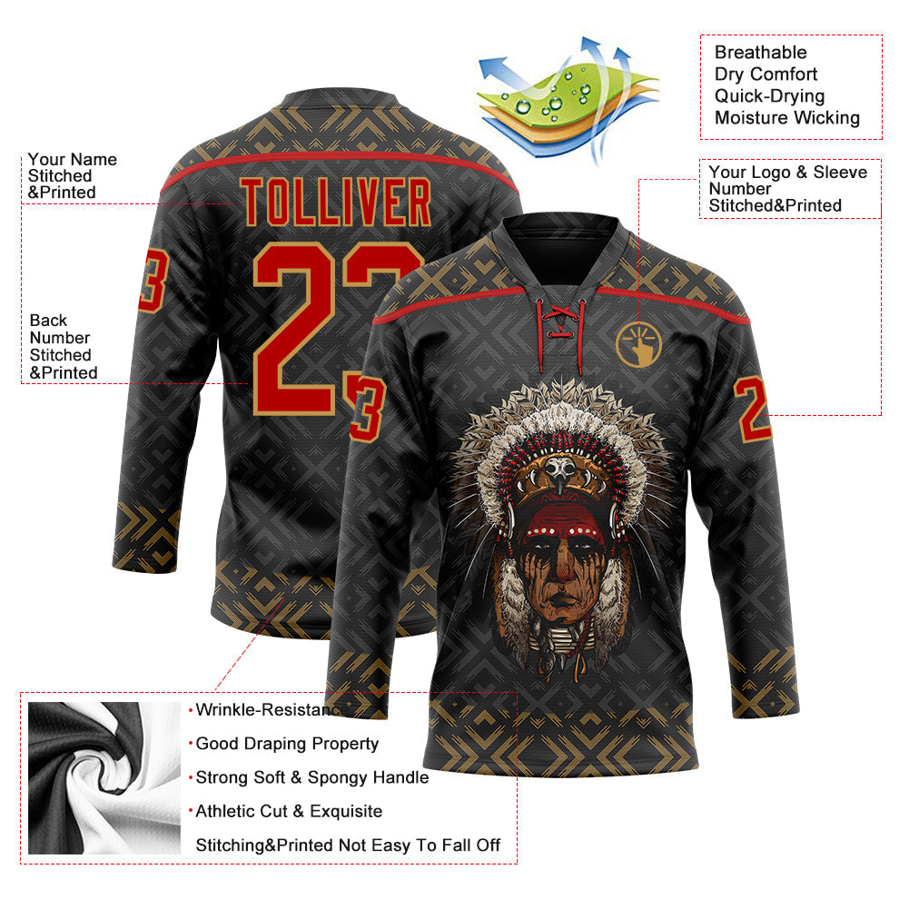 Custom Black Red-Old Gold Native Americans Tribal Indigenous People Hockey Lace Neck Jersey view 4