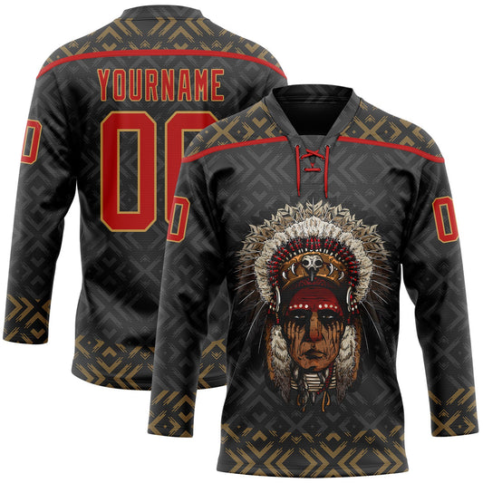 Custom Black Red-Old Gold Native Americans Tribal Indigenous People Hockey Lace Neck Jersey - Main View