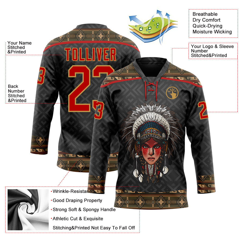Custom Black Red-Old Gold Native Americans Tribal Indigenous People Hockey Lace Neck Jersey view 4