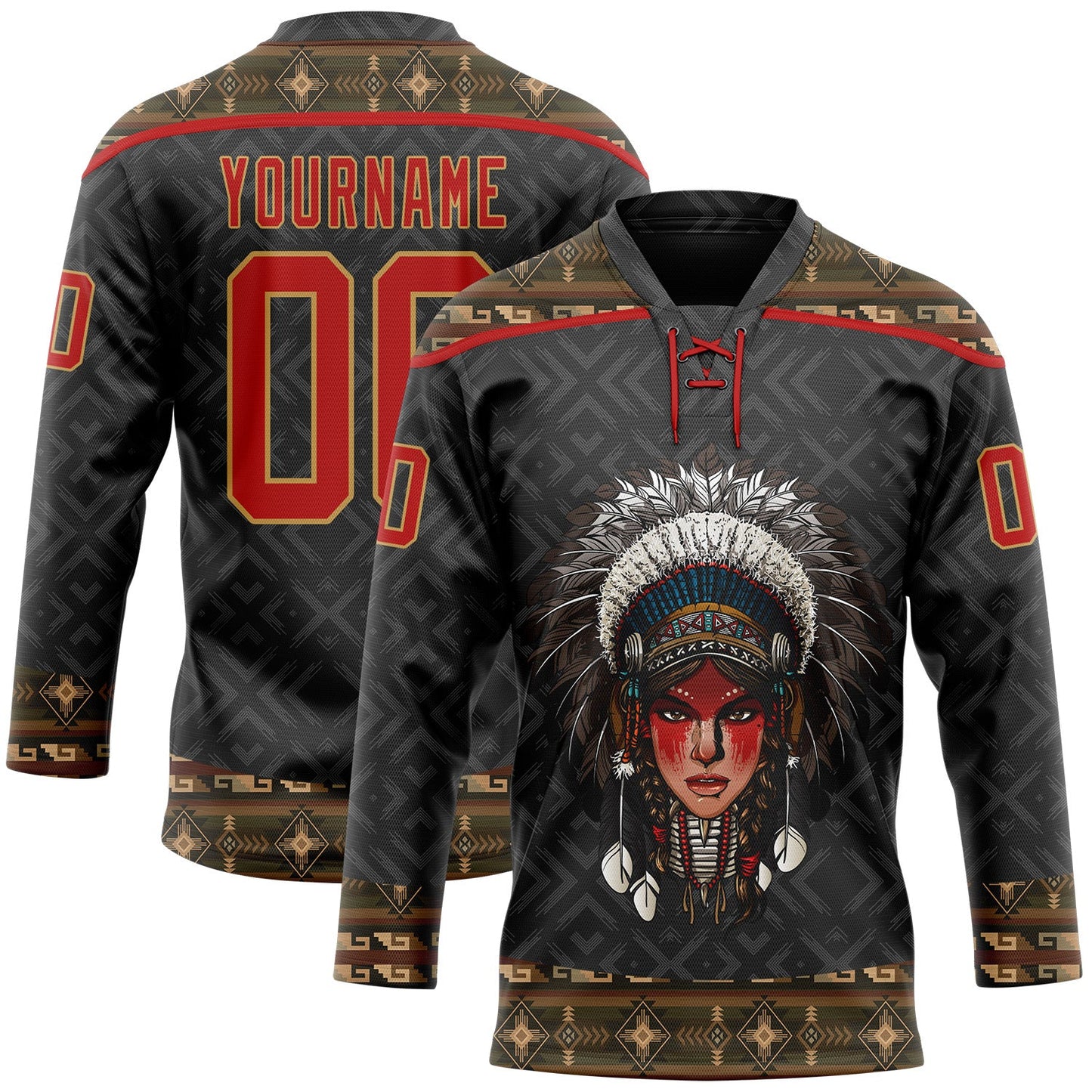 Custom Black Red-Old Gold Native Americans Tribal Indigenous People Hockey Lace Neck Jersey - Main View