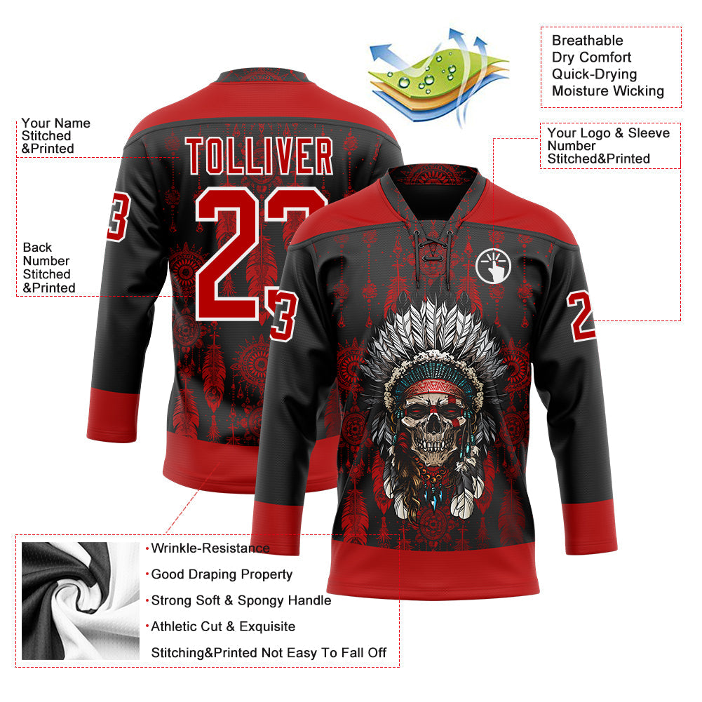 Custom Black Red-White Native Americans Tribal Indigenous People Hockey Lace Neck Jersey view 4
