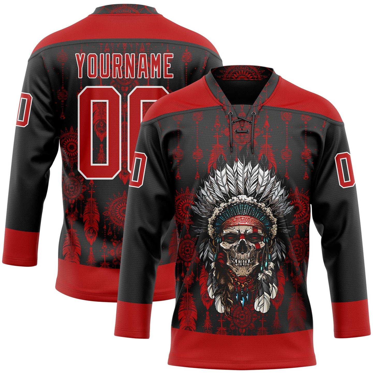 Custom Black Red-White Native Americans Tribal Indigenous People Hockey Lace Neck Jersey - Main View