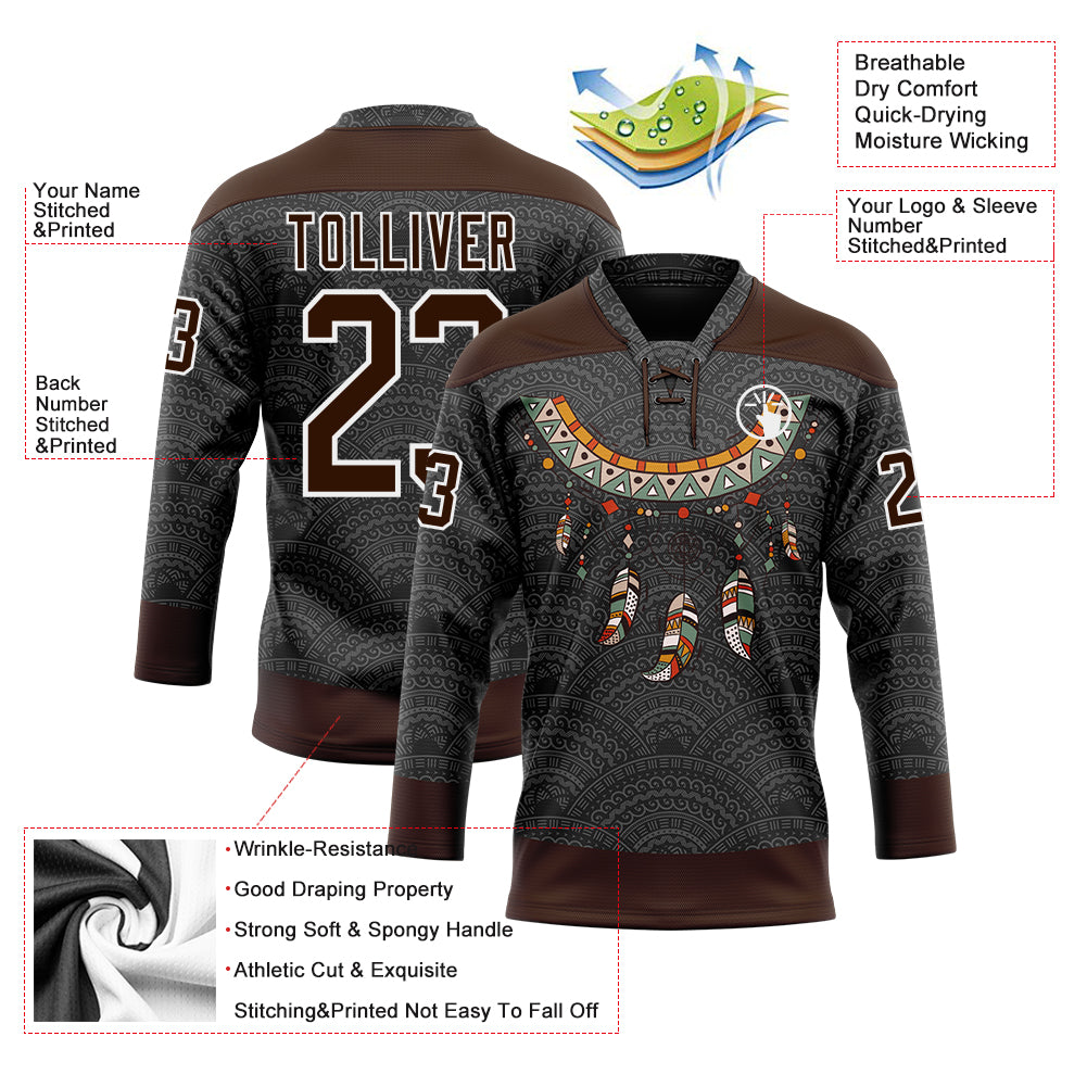 Custom Black Brown-White Native Americans Tribal Indigenous People Hockey Lace Neck Jersey view 4