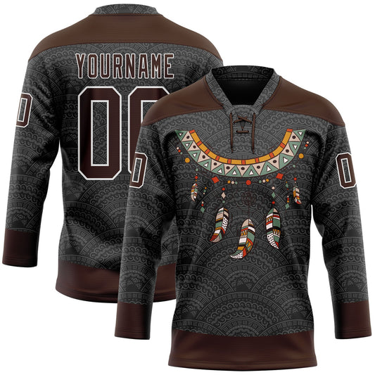 Custom Black Brown-White Native Americans Tribal Indigenous People Hockey Lace Neck Jersey - Main View