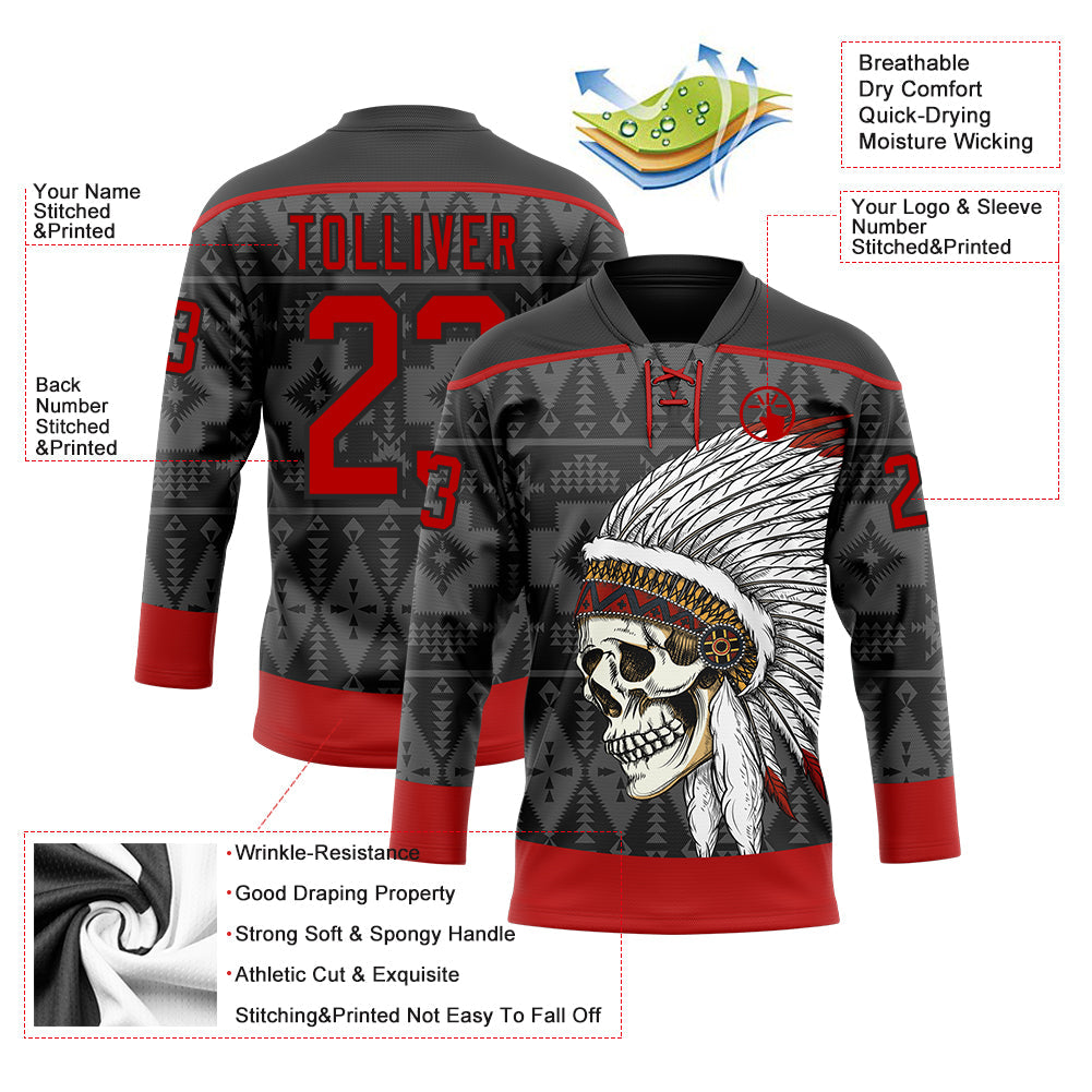 Custom Black Red Native Americans Tribal Indigenous People Hockey Lace Neck Jersey view 4