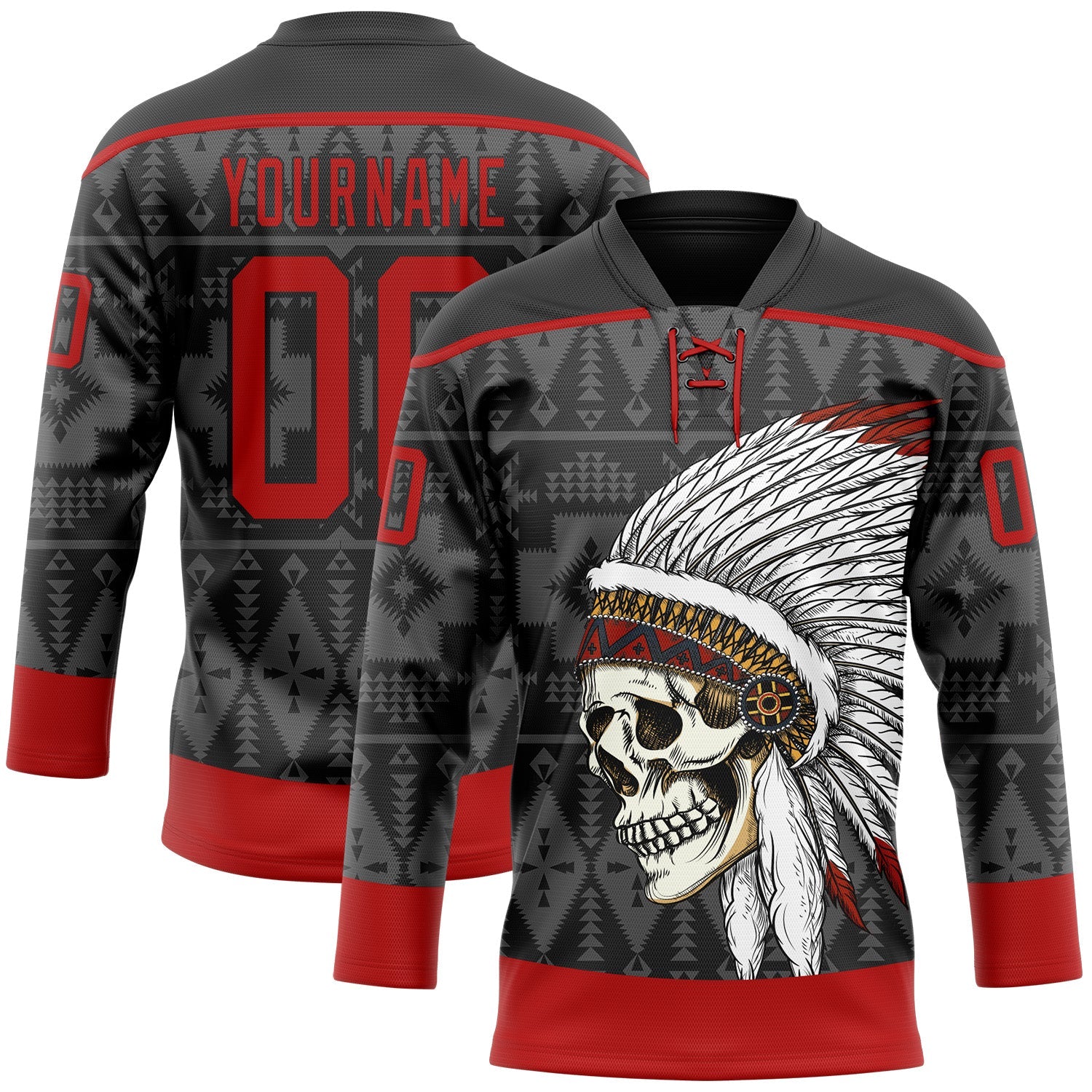 Custom Black Red Native Americans Tribal Indigenous People Hockey Lace Neck Jersey - Main View