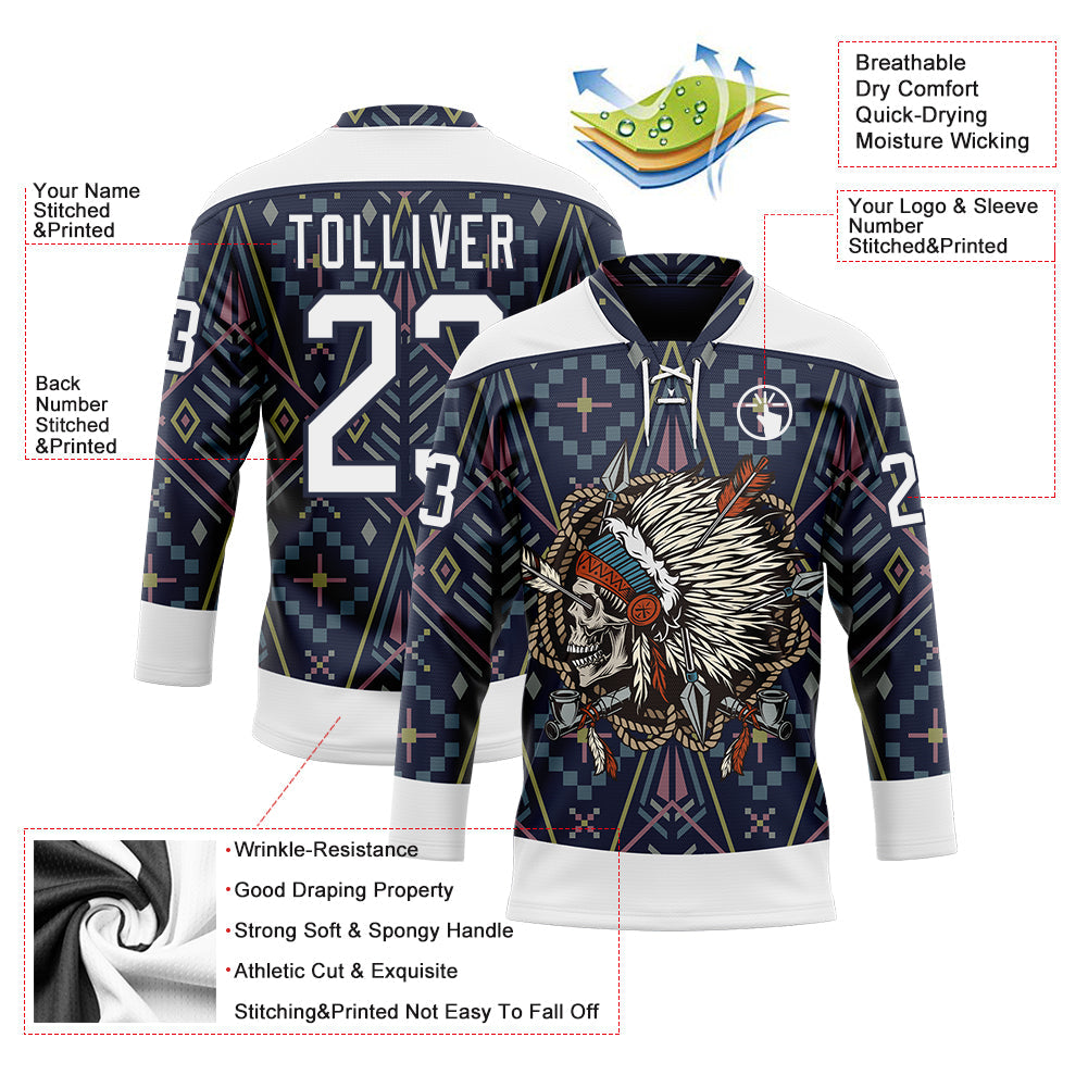 Custom Navy White Native Americans Tribal Indigenous People Hockey Lace Neck Jersey view 4
