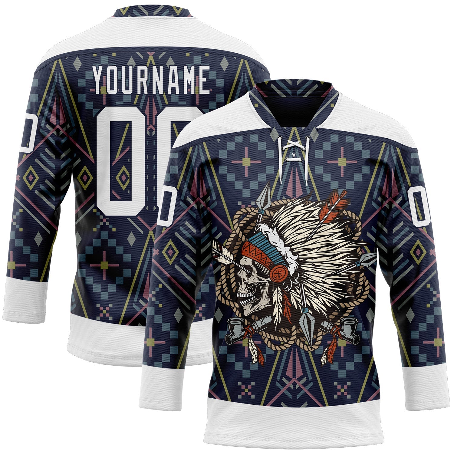 Custom Navy White Native Americans Tribal Indigenous People Hockey Lace Neck Jersey - Main View