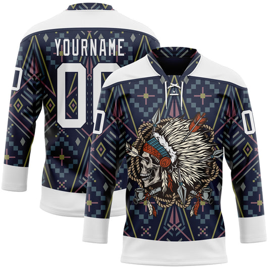 Custom Navy White Native Americans Tribal Indigenous People Hockey Lace Neck Jersey - Main View