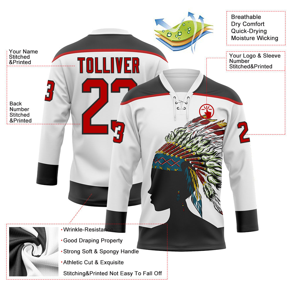 Custom White Red-Black Native Americans Tribal Indigenous People Hockey Lace Neck Jersey view 4