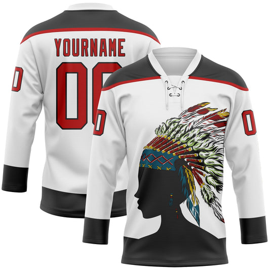 Custom White Red-Black Native Americans Tribal Indigenous People Hockey Lace Neck Jersey - Main View