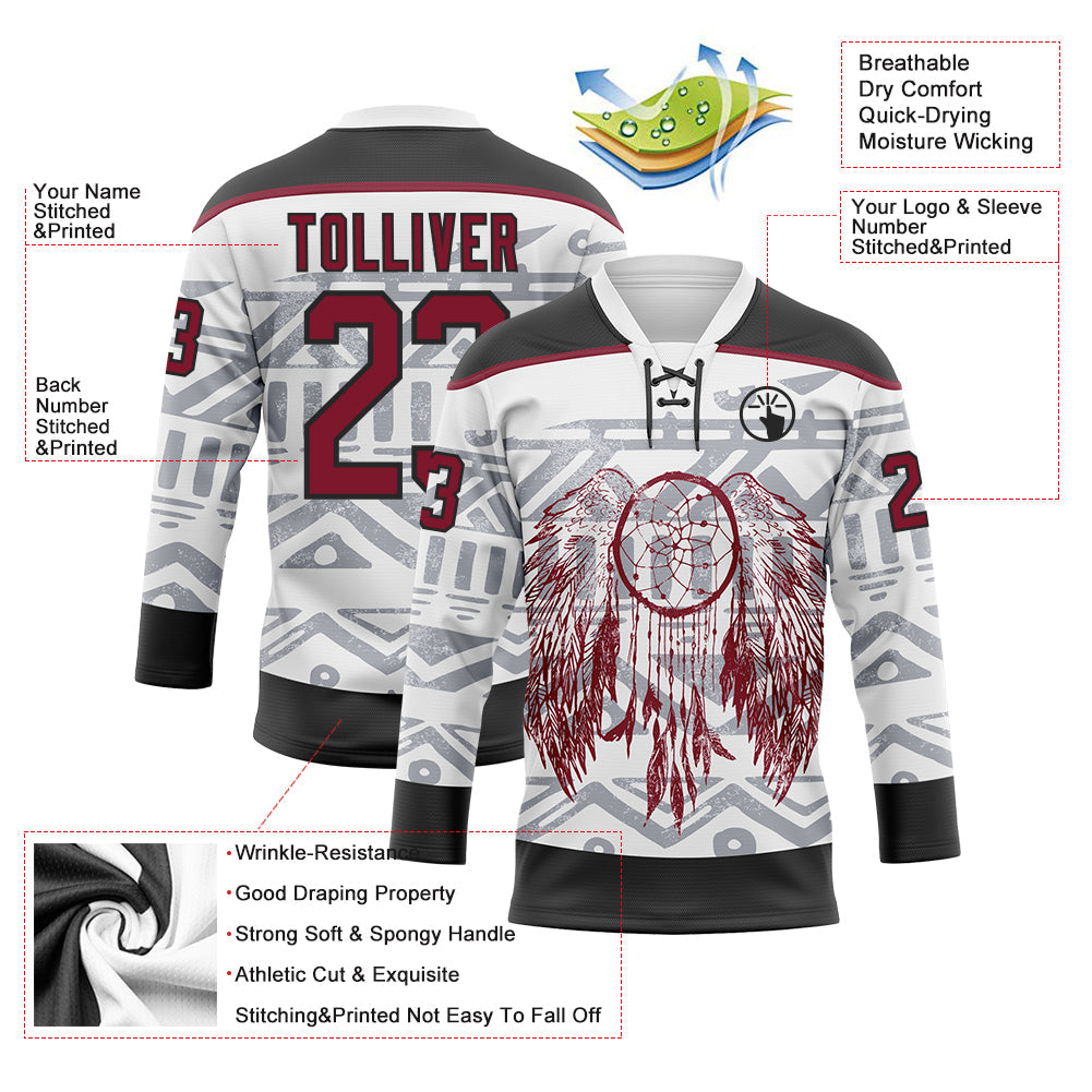 Custom White Crimson-Black Native Americans Tribal Indigenous People Hockey Lace Neck Jersey view 4