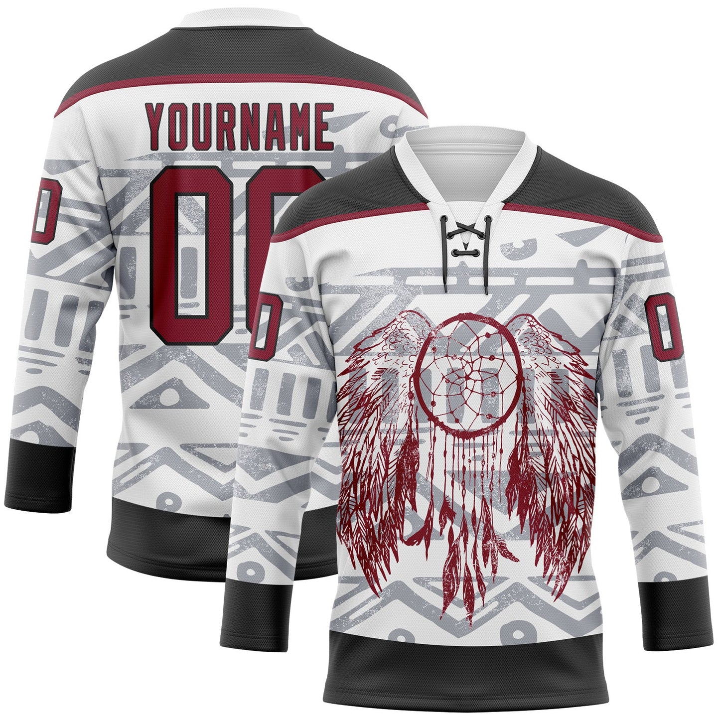 Custom White Crimson-Black Native Americans Tribal Indigenous People Hockey Lace Neck Jersey - Main View
