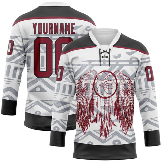 Custom White Crimson-Black Native Americans Tribal Indigenous People Hockey Lace Neck Jersey - Main View