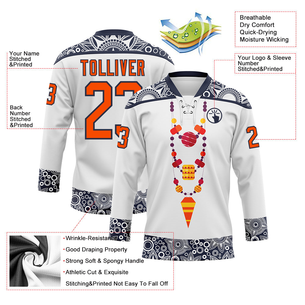 Custom White Orange-Navy Native Americans Tribal Indigenous People Hockey Lace Neck Jersey view 4