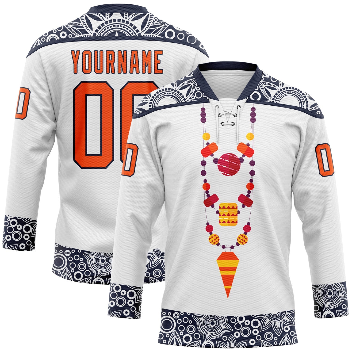 Custom White Orange-Navy Native Americans Tribal Indigenous People Hockey Lace Neck Jersey - Main View