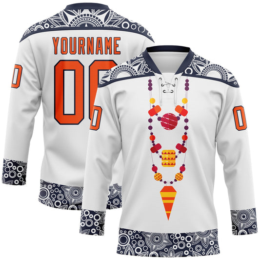 Custom White Orange-Navy Native Americans Tribal Indigenous People Hockey Lace Neck Jersey - Main View