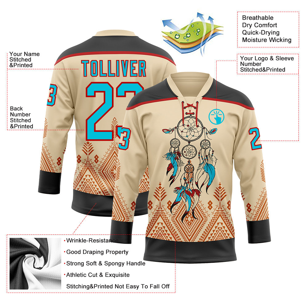 Custom City Cream Lakes Blue Black-Red Native Americans Tribal Indigenous People Hockey Lace Neck Jersey view 4