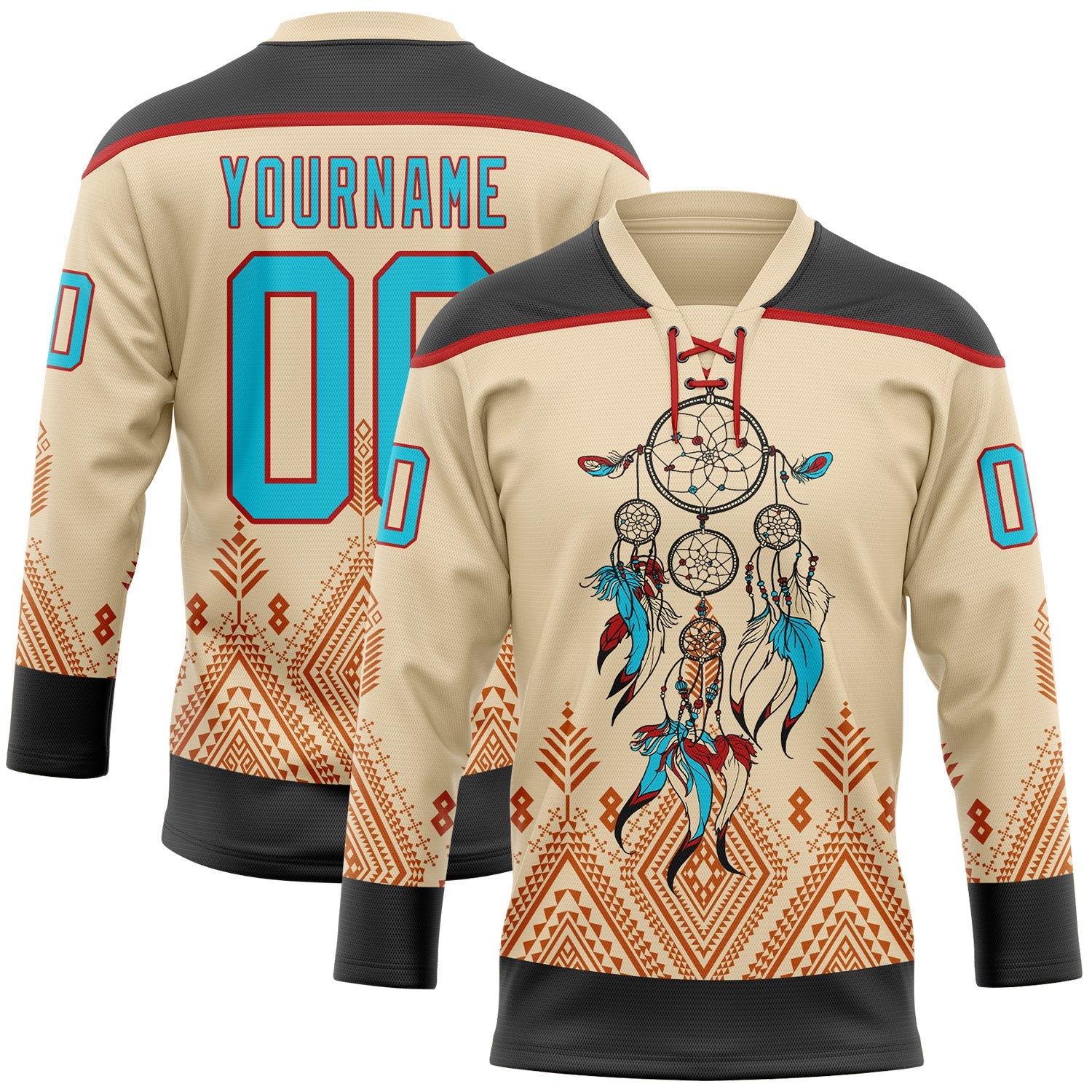 Custom City Cream Lakes Blue Black-Red Native Americans Tribal Indigenous People Hockey Lace Neck Jersey - Main View